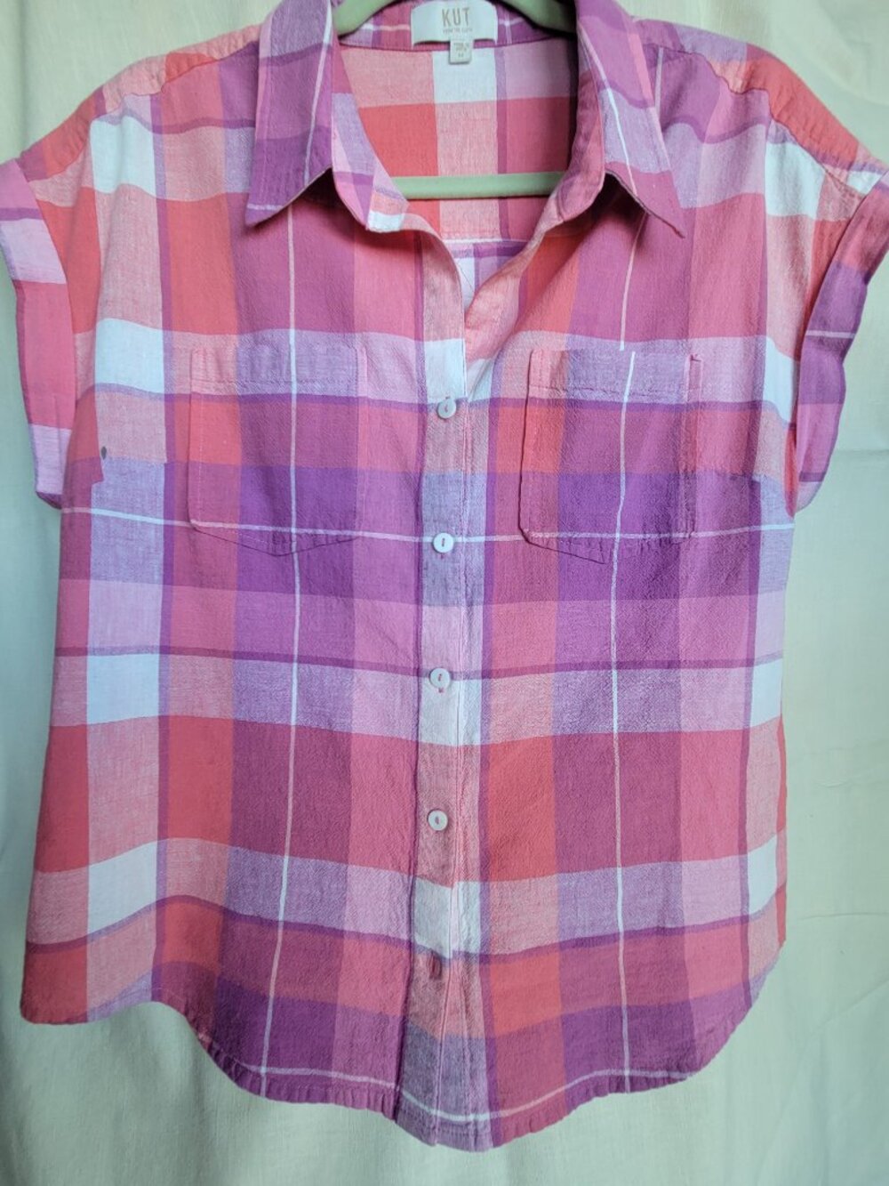 Kut from the Kloth Pastel Plaid Cotton Linen Blend Short Sleeve Blouse M